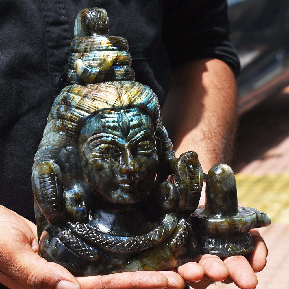 gemsmore:Gorgeous  13780.00  Cts Genuine  Amazing Flash Labradorite Hand Carved Lord Shiva Head With Shivling Gemstone Carving gemsmore:Gorgeous  13780.00  Cts Genuine  Amazing Flash Labradorite Hand Carved Lord Shiva Head With Shivling Gemstone Carving