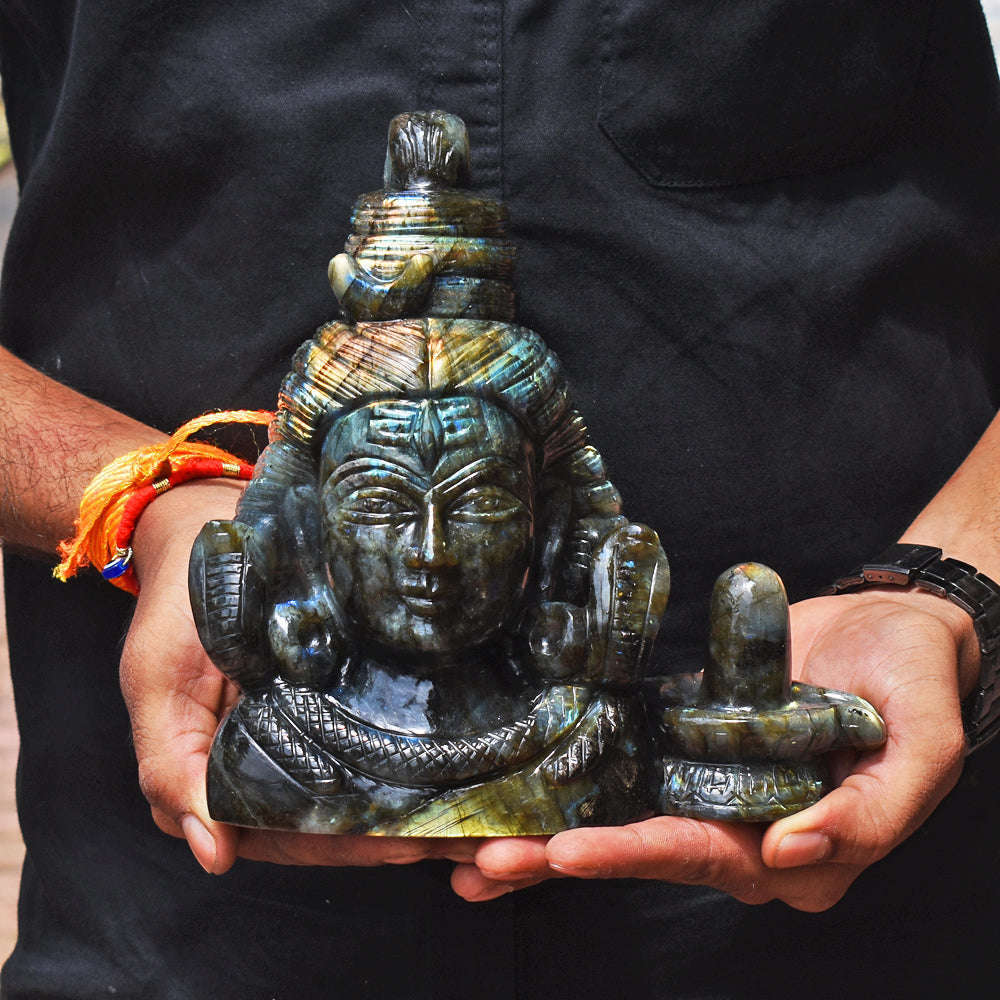 gemsmore:Gorgeous  13780.00  Cts Genuine  Amazing Flash Labradorite Hand Carved Lord Shiva Head With Shivling Gemstone Carving gemsmore:Gorgeous  13780.00  Cts Genuine  Amazing Flash Labradorite Hand Carved Lord Shiva Head With Shivling Gemstone Carving