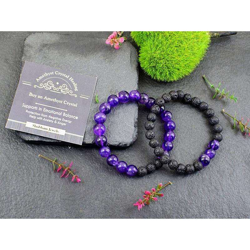 gemsmore:Amethyst & Lava Beads Gemstone Bracelets Pair - Free Size gemsmore:Amethyst & Lava Beads Gemstone Bracelets Pair - Free Size