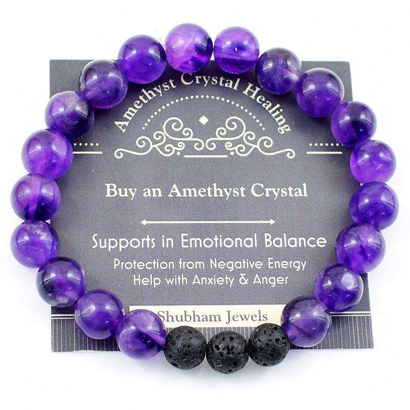 gemsmore:Amethyst & Lava Beads Gemstone Bracelets Pair - Free Size gemsmore:Amethyst & Lava Beads Gemstone Bracelets Pair - Free Size