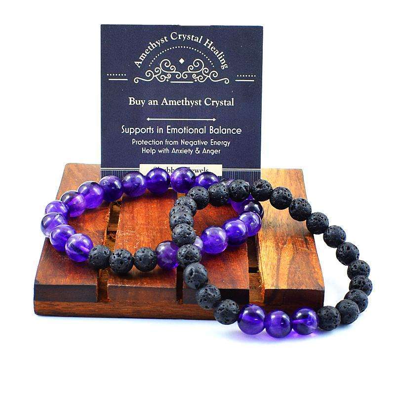 gemsmore:Amethyst & Lava Beads Gemstone Bracelets Pair - Free Size gemsmore:Amethyst & Lava Beads Gemstone Bracelets Pair - Free Size