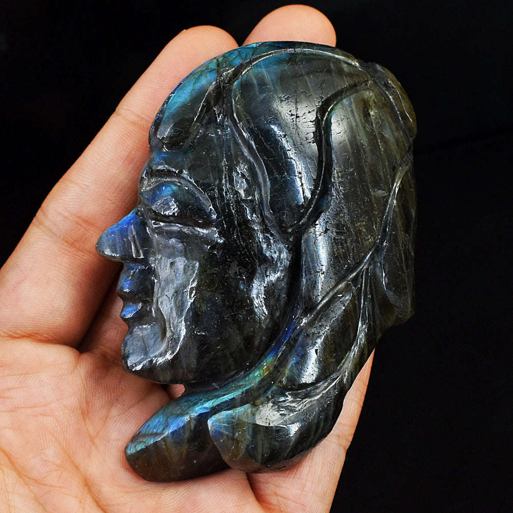 gemsmore:Craftsmen Blue Flash Labradorite Hand Carved Genuine Crystal Gemstone Carving Indo American Head gemsmore:Craftsmen Blue Flash Labradorite Hand Carved Genuine Crystal Gemstone Carving Indo American Head