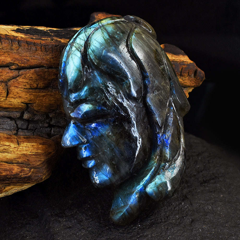 gemsmore:Craftsmen Blue Flash Labradorite Hand Carved Genuine Crystal Gemstone Carving Indo American Head gemsmore:Craftsmen Blue Flash Labradorite Hand Carved Genuine Crystal Gemstone Carving Indo American Head