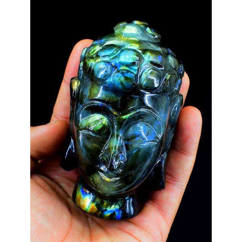 gemsmore:Genuine Amazing Flash Labradorite Carved Lord Buddha Head Idol gemsmore:Genuine Amazing Flash Labradorite Carved Lord Buddha Head Idol
