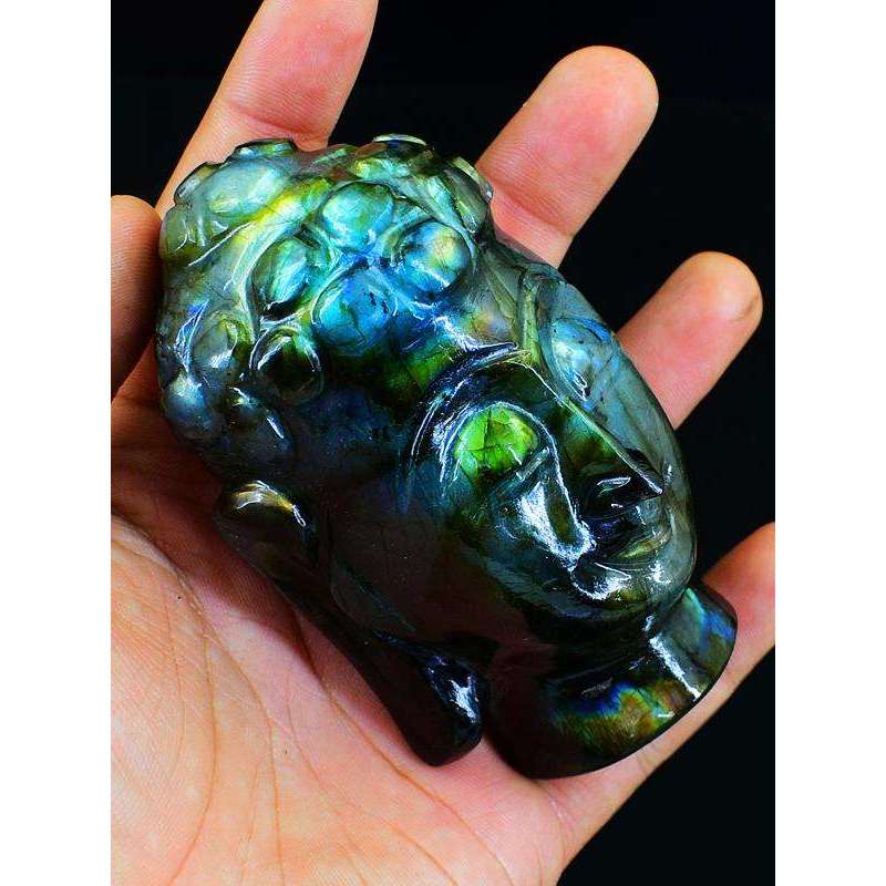 gemsmore:Genuine Amazing Flash Labradorite Carved Lord Buddha Head Idol gemsmore:Genuine Amazing Flash Labradorite Carved Lord Buddha Head Idol