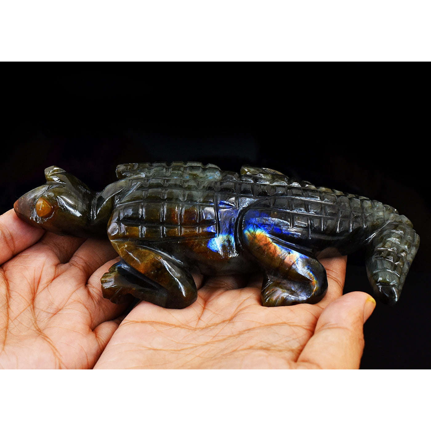 gemsmore:Genuine Amazing Flash Labradorite Hand Carved Crocodile gemsmore:Genuine Amazing Flash Labradorite Hand Carved Crocodile