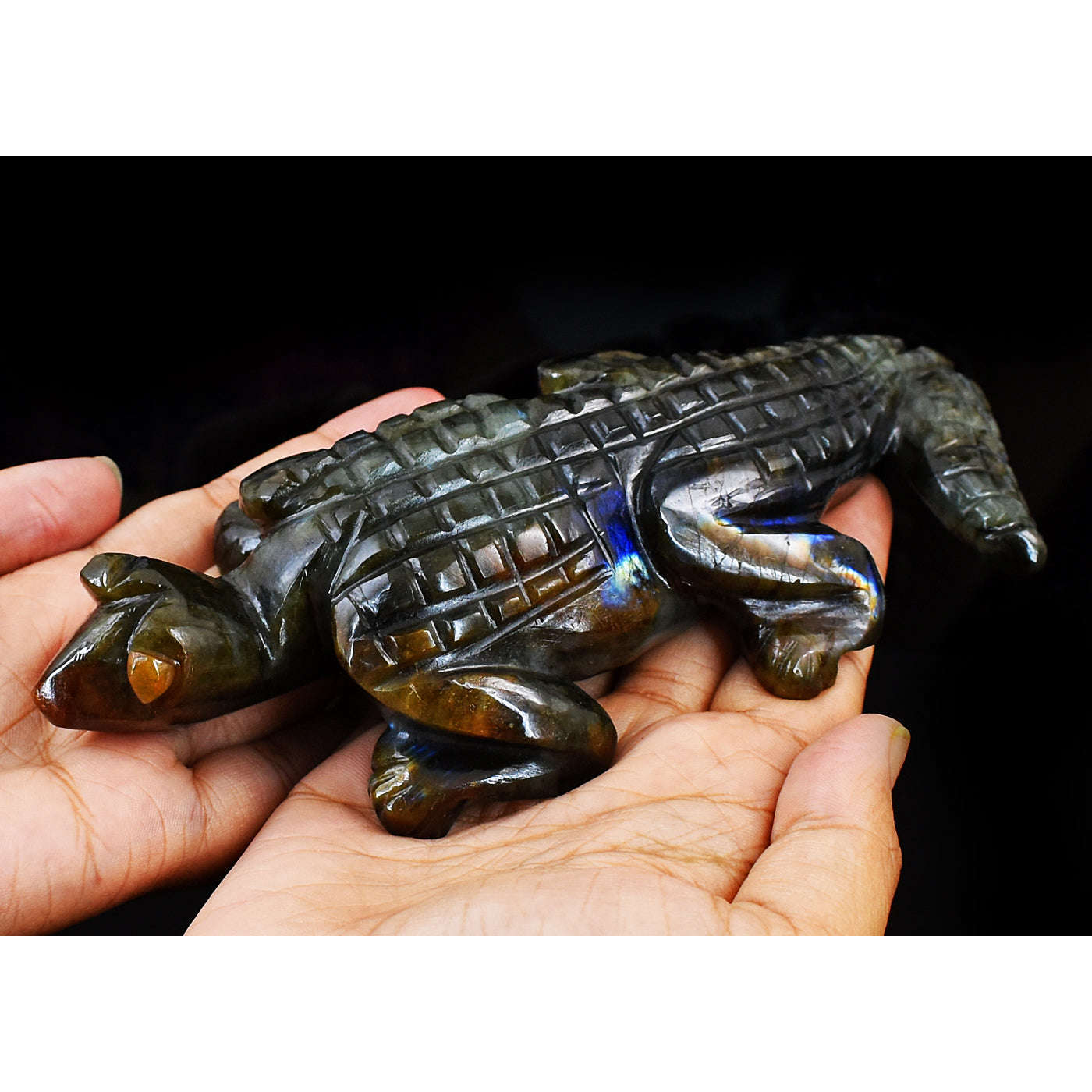 gemsmore:Genuine Amazing Flash Labradorite Hand Carved Crocodile gemsmore:Genuine Amazing Flash Labradorite Hand Carved Crocodile