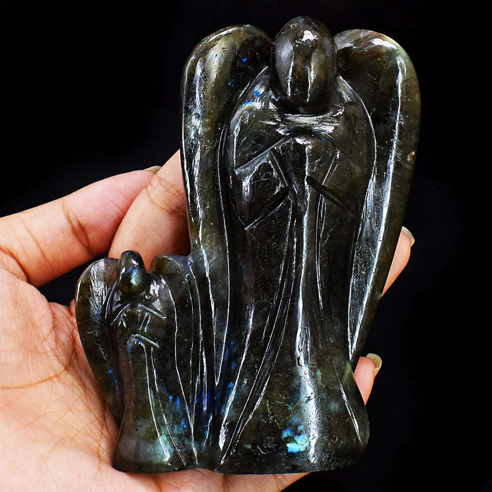 gemsmore:Genuine Amazing Flash Labradorite Hand Carved Genuine Crystal Gemstone Carving Mother & Son Angel gemsmore:Genuine Amazing Flash Labradorite Hand Carved Genuine Crystal Gemstone Carving Mother & Son Angel