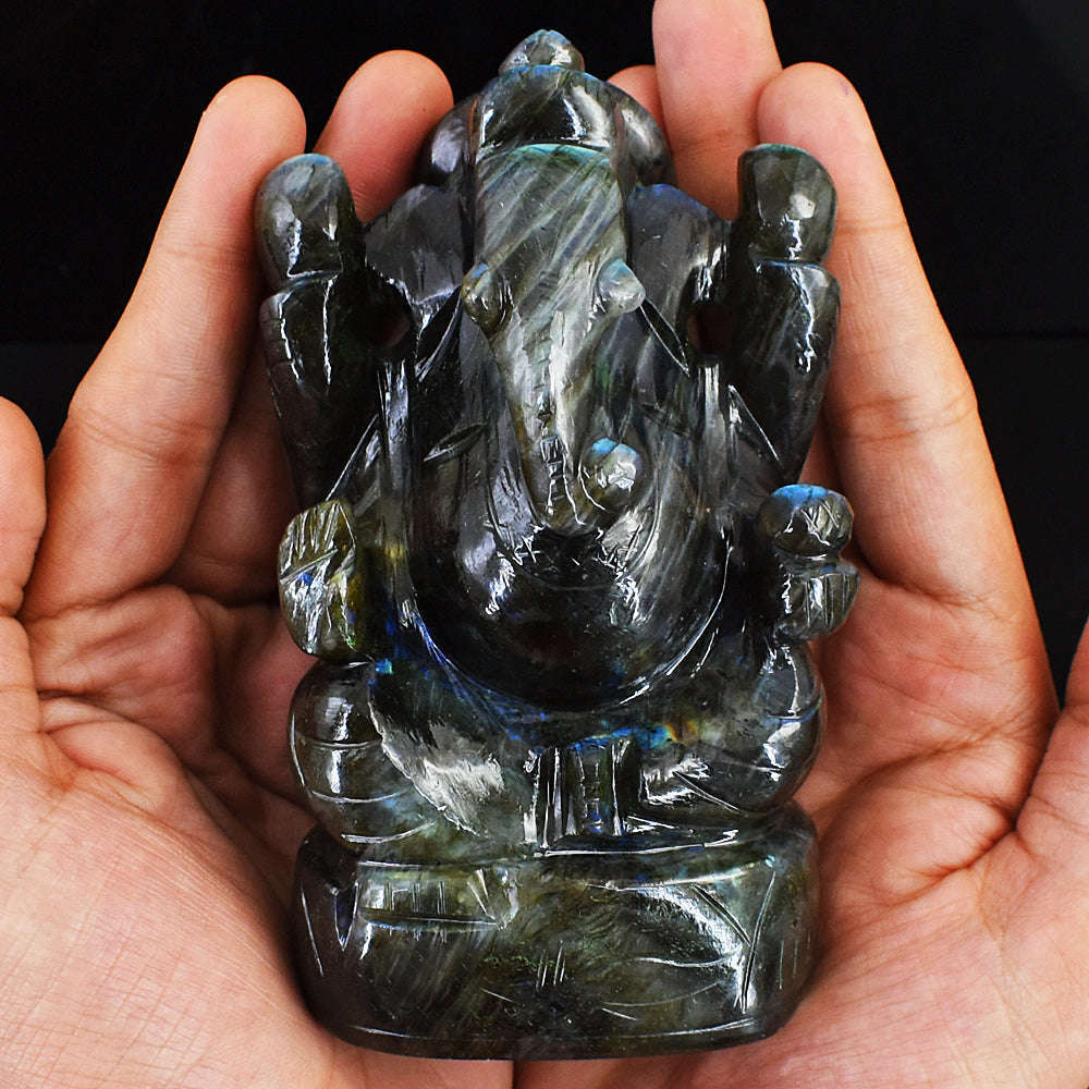gemsmore:Genuine Amazing Flash Labradorite  Hand Carved Lord Ganesha gemsmore:Genuine Amazing Flash Labradorite  Hand Carved Lord Ganesha