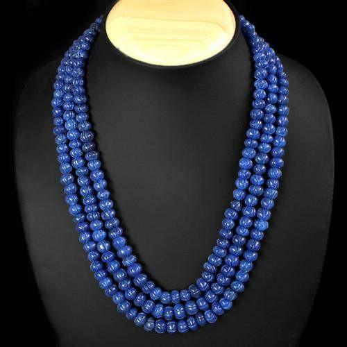 gemsmore:Genuine Blue Sapphire 3 Line Carved Beads Necklace gemsmore:Genuine Blue Sapphire 3 Line Carved Beads Necklace