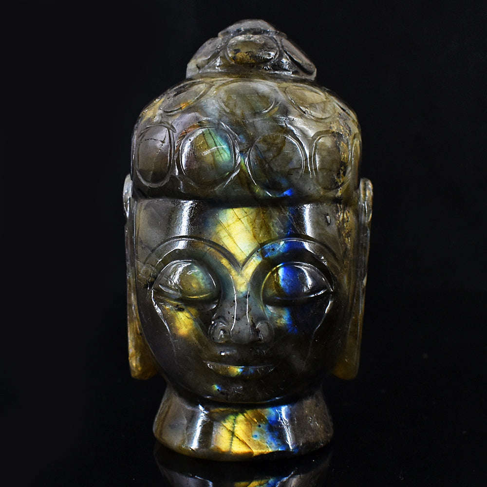 gemsmore:Golden & Blue Flash Labradorite Carved Lord Buddha Head Idol gemsmore:Golden & Blue Flash Labradorite Carved Lord Buddha Head Idol