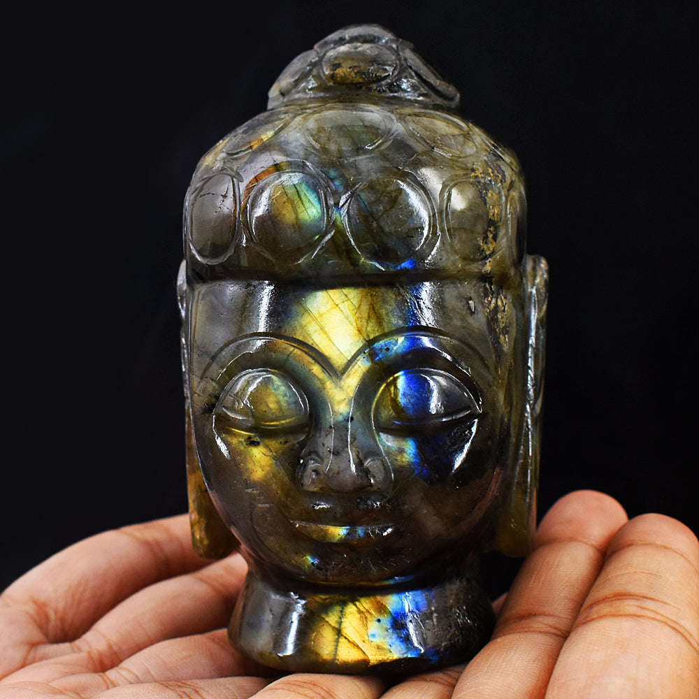 gemsmore:Golden & Blue Flash Labradorite Carved Lord Buddha Head Idol gemsmore:Golden & Blue Flash Labradorite Carved Lord Buddha Head Idol