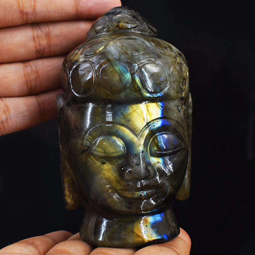 gemsmore:Golden & Blue Flash Labradorite Carved Lord Buddha Head Idol gemsmore:Golden & Blue Flash Labradorite Carved Lord Buddha Head Idol