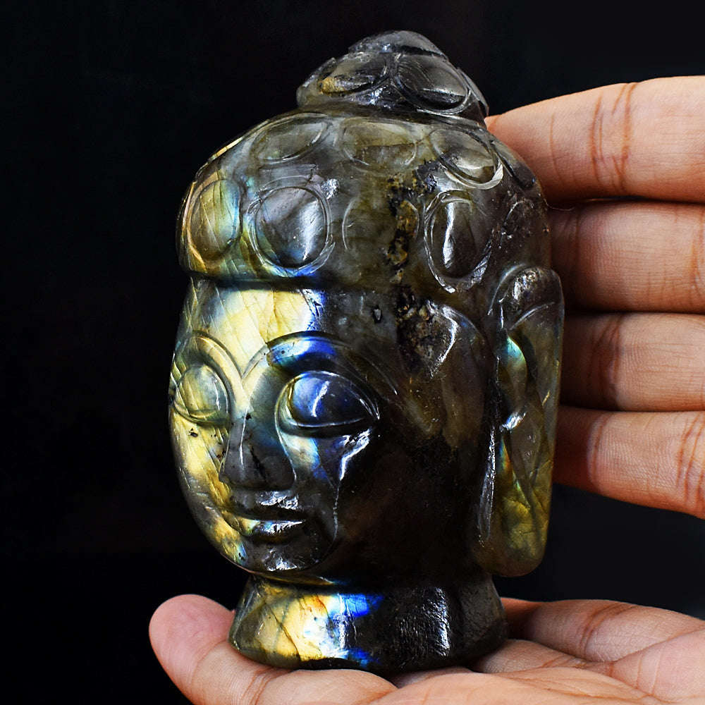 gemsmore:Golden & Blue Flash Labradorite Carved Lord Buddha Head Idol gemsmore:Golden & Blue Flash Labradorite Carved Lord Buddha Head Idol