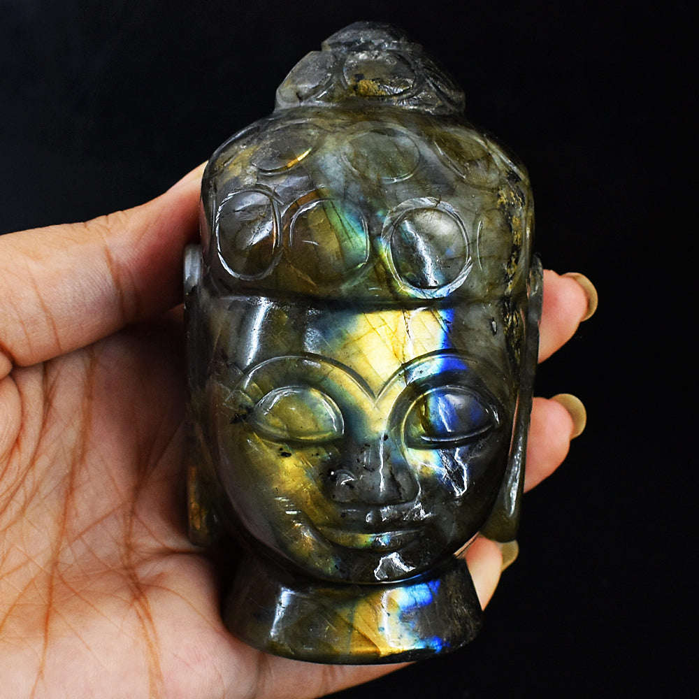 gemsmore:Golden & Blue Flash Labradorite Carved Lord Buddha Head Idol gemsmore:Golden & Blue Flash Labradorite Carved Lord Buddha Head Idol