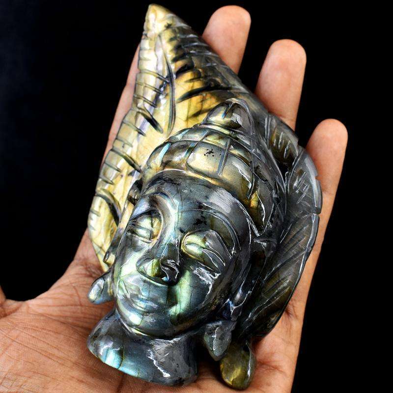 gemsmore:Golden Flash Labradorite Carved Lord Buddha Head With Leaf gemsmore:Golden Flash Labradorite Carved Lord Buddha Head With Leaf