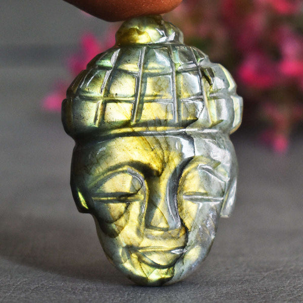 gemsmore:Natural 38 Carats  Genuine Golden Flash Labradorite Buddha Head Gemstone