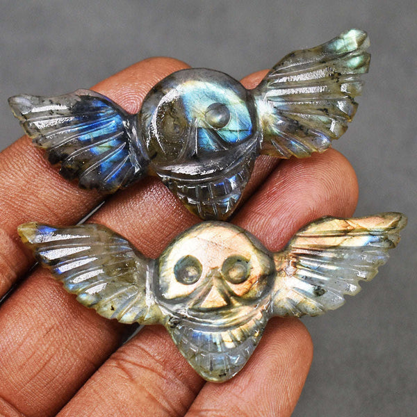 gemsmore:Natural 91 Carats Genuine Golden & Blue Flash Labradorite Carved Skull Wing Set Gemstone