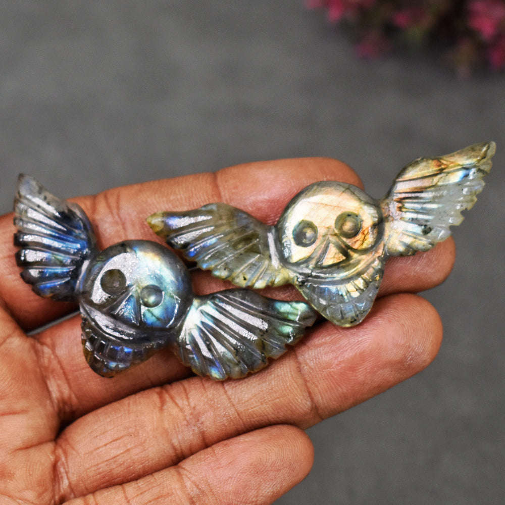 gemsmore:Natural 91 Carats  Genuine Golden & Blue Flash Labradorite Carved Skull Wing Set Gemstone gemsmore:Natural 91 Carats  Genuine Golden & Blue Flash Labradorite Carved Skull Wing Set Gemstone