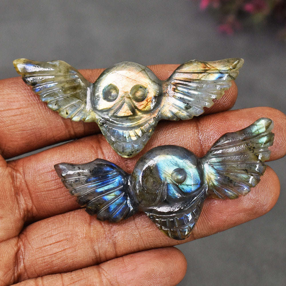 gemsmore:Natural 91 Carats  Genuine Golden & Blue Flash Labradorite Carved Skull Wing Set Gemstone gemsmore:Natural 91 Carats  Genuine Golden & Blue Flash Labradorite Carved Skull Wing Set Gemstone