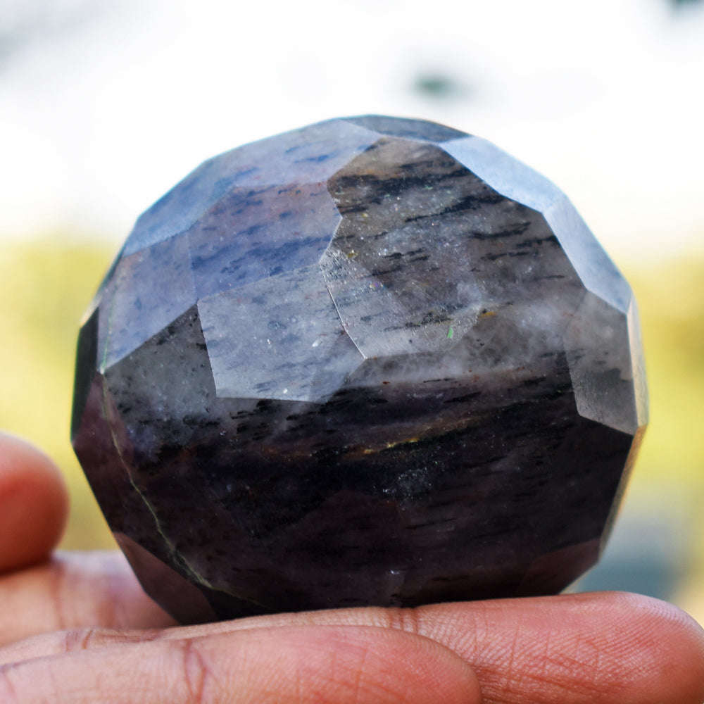 gemsmore:Natural Black Rutile Quartz  Hand Carved Checkers Cut Healing Sphere gemsmore:Natural Black Rutile Quartz  Hand Carved Checkers Cut Healing Sphere