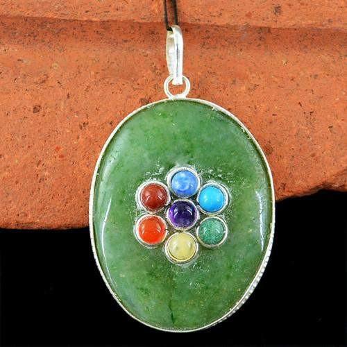 gemsmore:Natural Green Jade Seven Chakra Healing Pendant gemsmore:Natural Green Jade Seven Chakra Healing Pendant