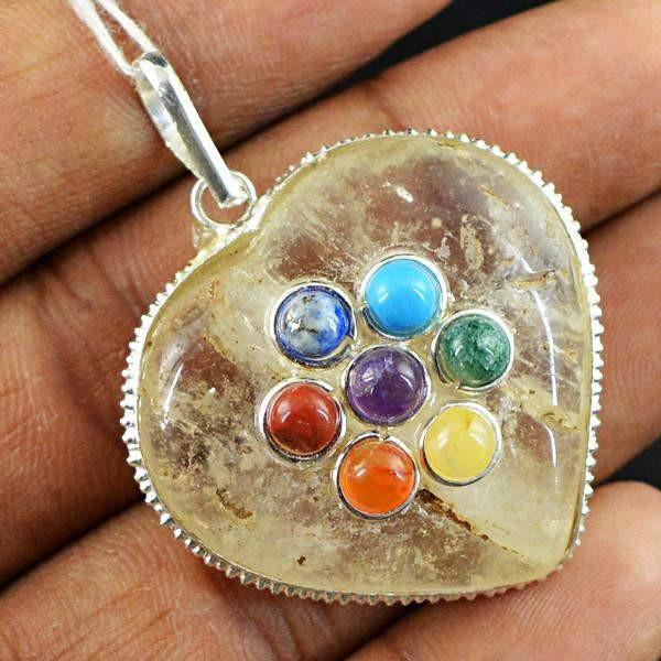 gemsmore:Natural Heart Shape White Quartz Seven Chakra Healing Pendant gemsmore:Natural Heart Shape White Quartz Seven Chakra Healing Pendant