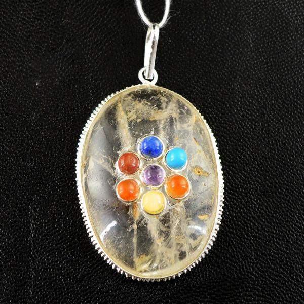 gemsmore:Natural Oval Shape White Quartz Seven Chakra Healing Pendant gemsmore:Natural Oval Shape White Quartz Seven Chakra Healing Pendant