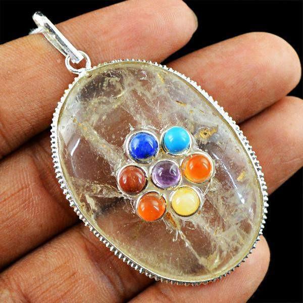 gemsmore:Natural Oval Shape White Quartz Seven Chakra Healing Pendant gemsmore:Natural Oval Shape White Quartz Seven Chakra Healing Pendant