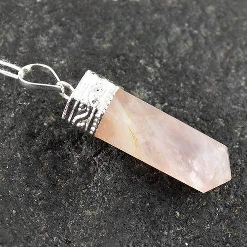 gemsmore:Natural Pink Rose Quartz Healing Point Pendant gemsmore:Natural Pink Rose Quartz Healing Point Pendant
