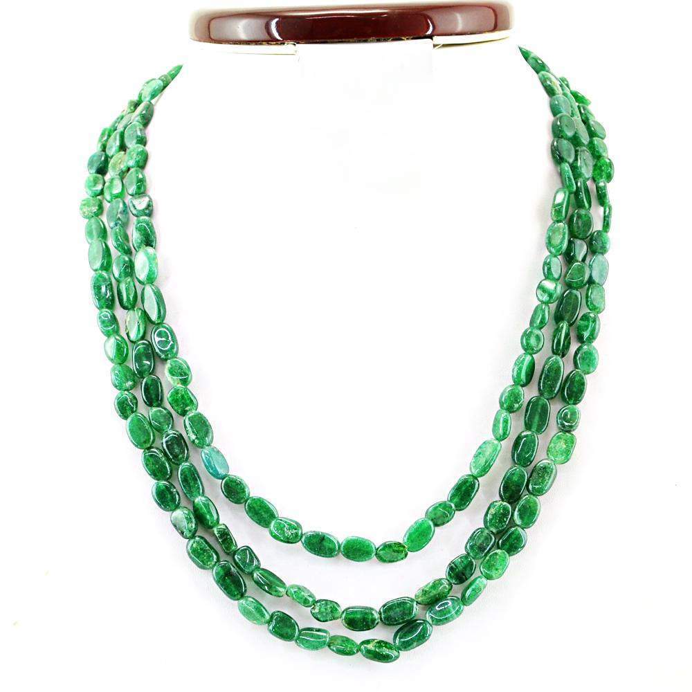 gemsmore:Natural Untreated Green Jade Necklace 3 Line Oval Shape Beads gemsmore:Natural Untreated Green Jade Necklace 3 Line Oval Shape Beads