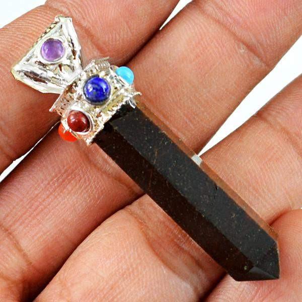 gemsmore:Natural Untreated Tiger Eye Seven Chakra Healing Point Pendant gemsmore:Natural Untreated Tiger Eye Seven Chakra Healing Point Pendant