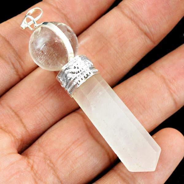gemsmore:Natural White Quartz & Pink Rose Quartz Crystal Healing Ball Point Pendant gemsmore:Natural White Quartz & Pink Rose Quartz Crystal Healing Ball Point Pendant