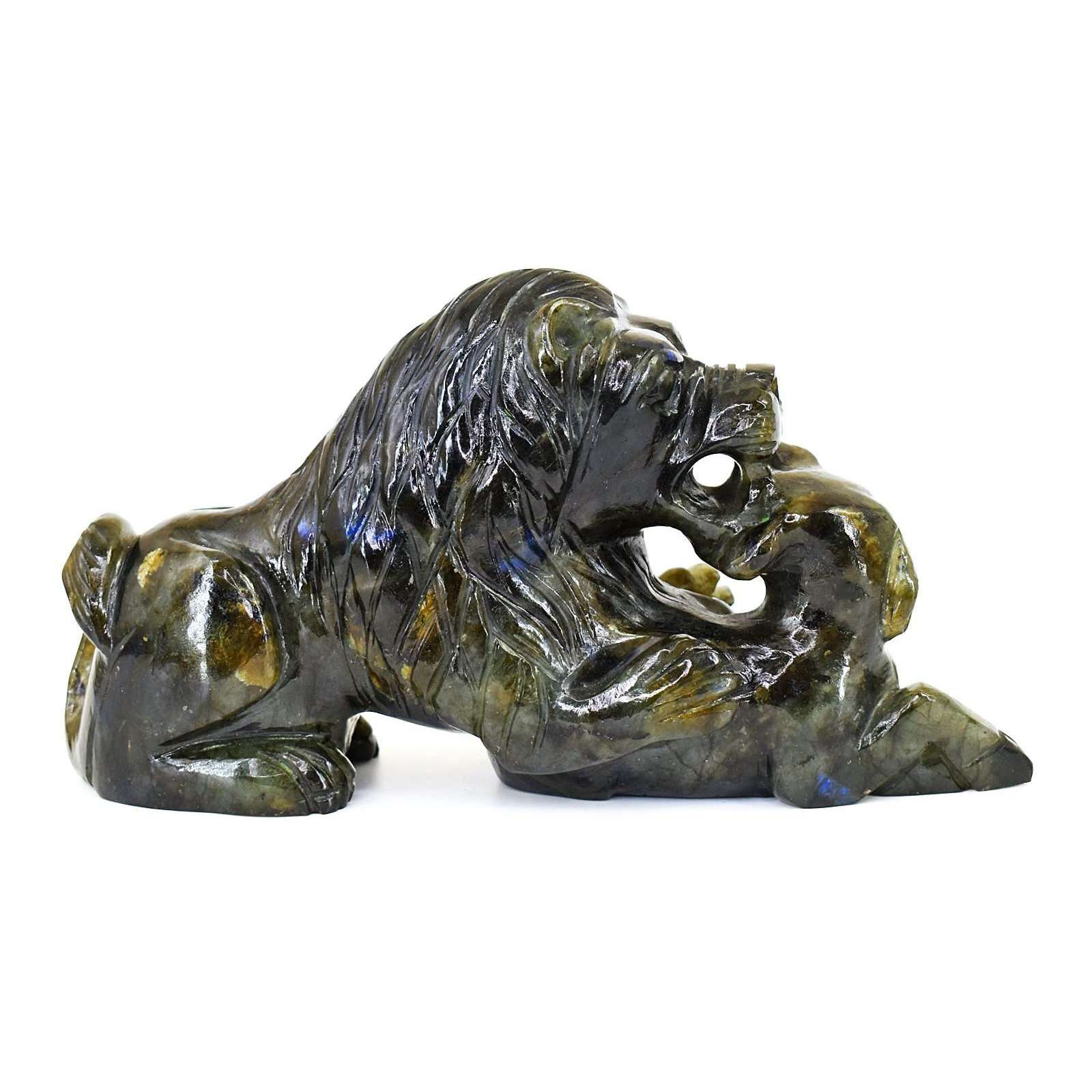 gemsmore:Stunning Blue Flash Labradorite Hand Carved Hunting Lion Crystal Gemstone Carving gemsmore:Stunning Blue Flash Labradorite Hand Carved Hunting Lion Crystal Gemstone Carving