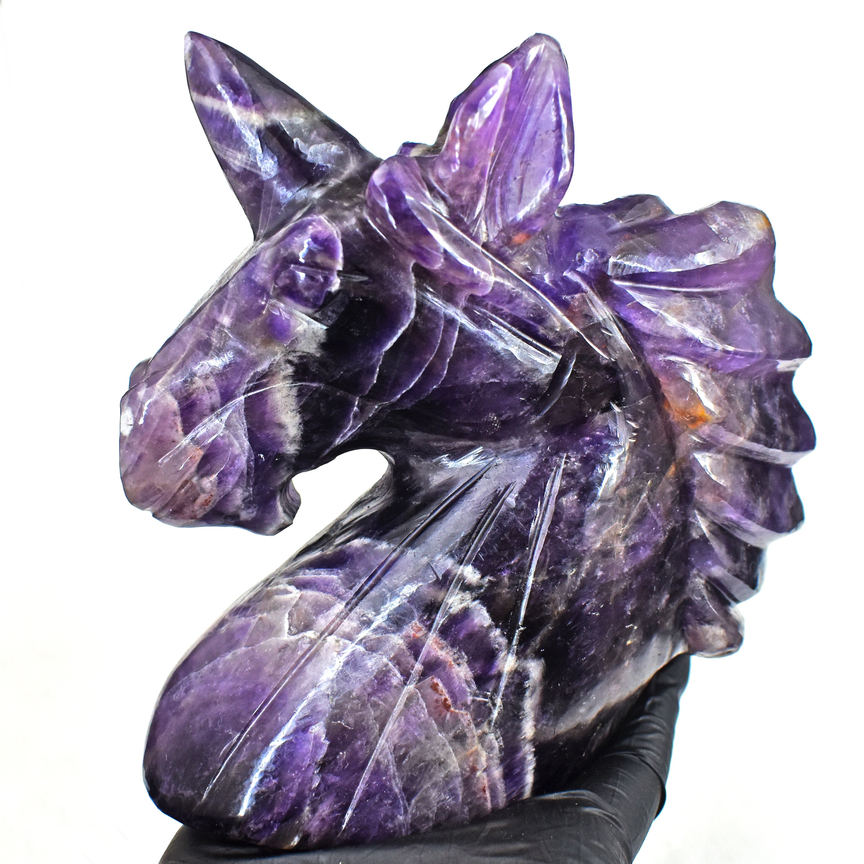 Exclusive 3455.00 Cts Chevron Amethyst Hand Carved Crystal Gemstone Carving Unicorn Head