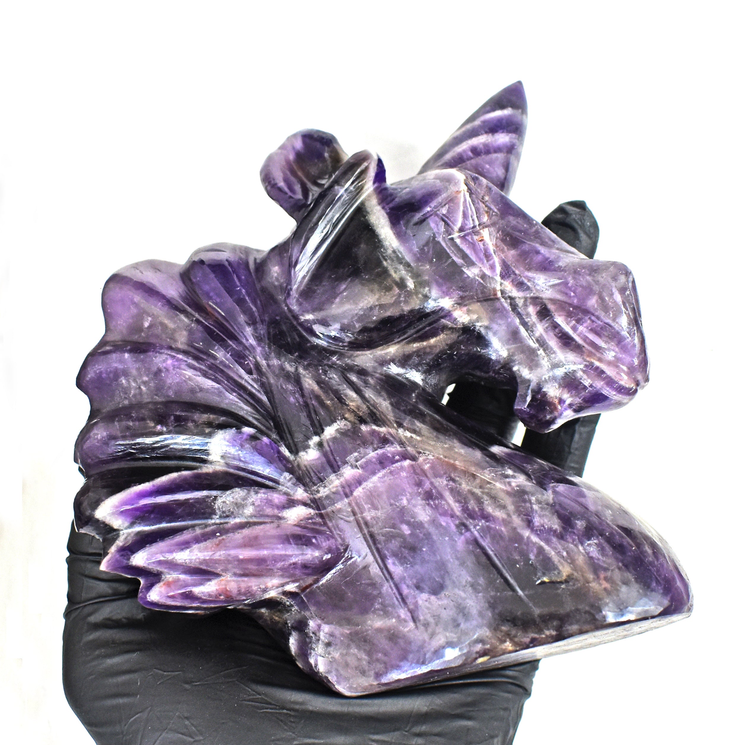 Exclusive 3455.00 Cts Chevron Amethyst Hand Carved Crystal Gemstone Carving Unicorn Head