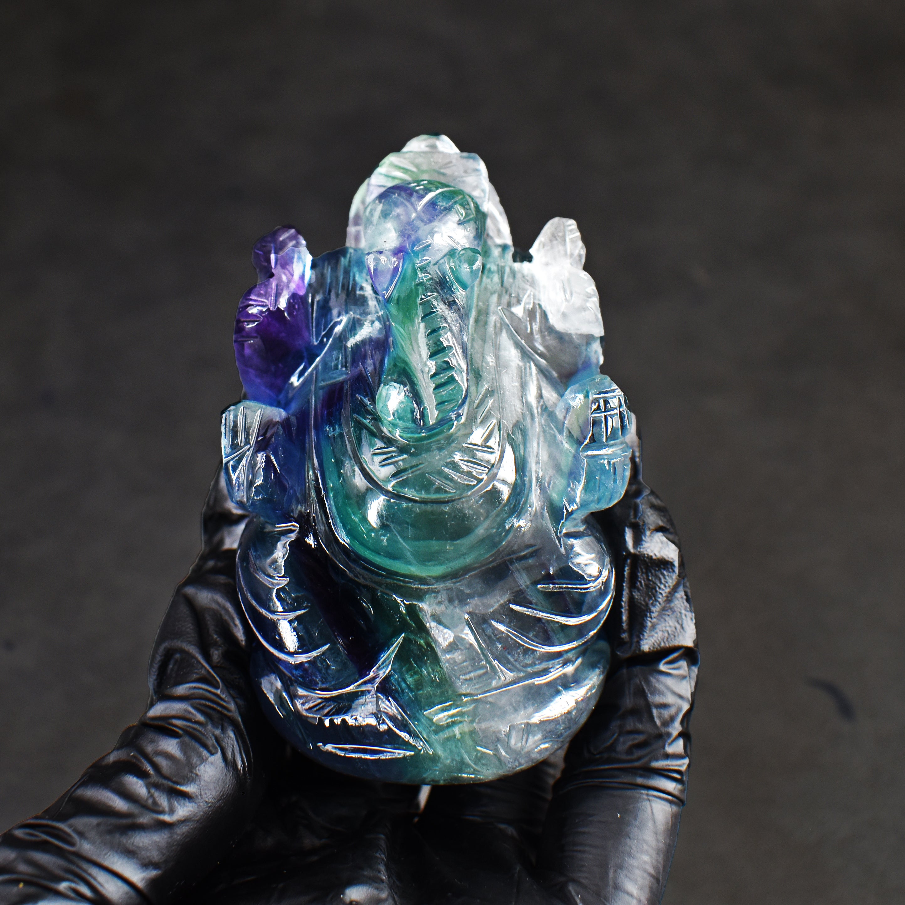 Decent 1045.00 Cts Genuine Multicolor Fluorite Divine Hand Carved Premium Crystal Lord Ganesha