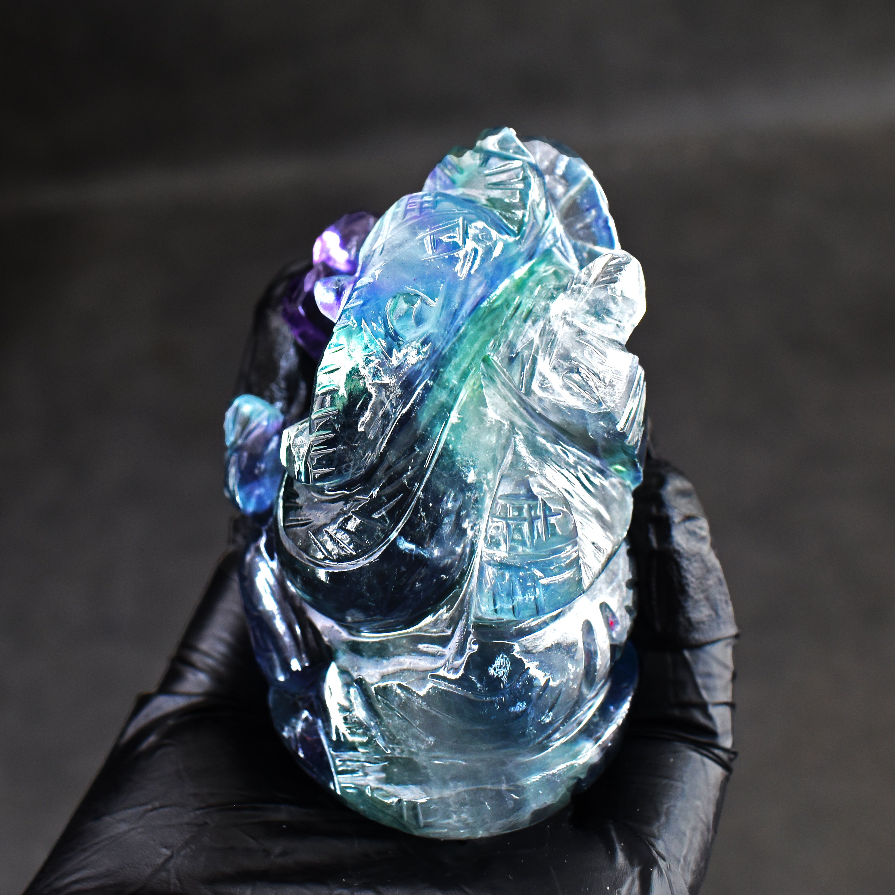Decent 1045.00 Cts Genuine Multicolor Fluorite Divine Hand Carved Premium Crystal Lord Ganesha