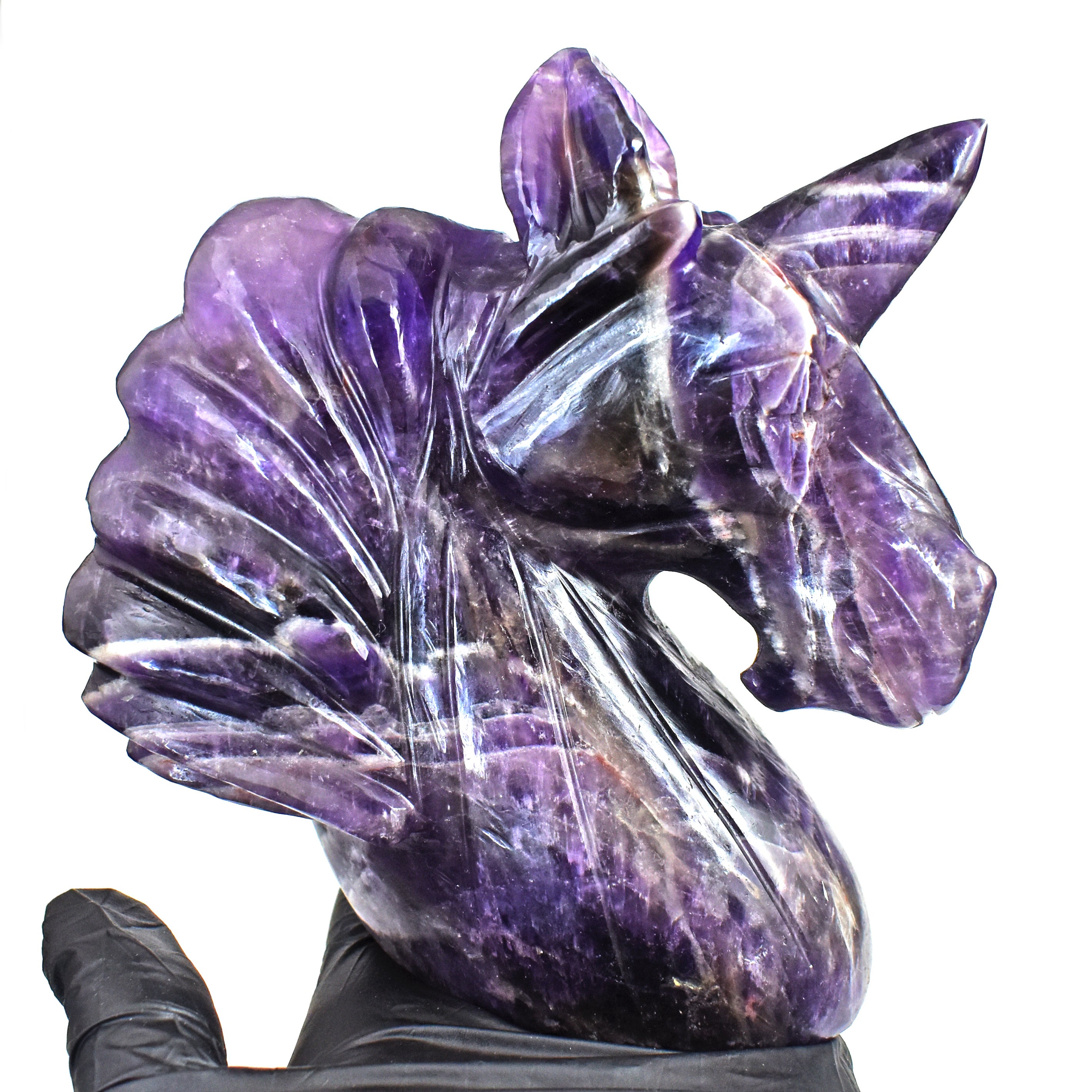 Exclusive 3455.00 Cts Chevron Amethyst Hand Carved Crystal Gemstone Carving Unicorn Head