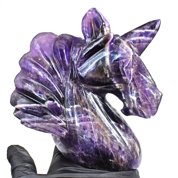 Exclusive 3455.00 Cts Chevron Amethyst Hand Carved Crystal Gemstone Carving Unicorn Head