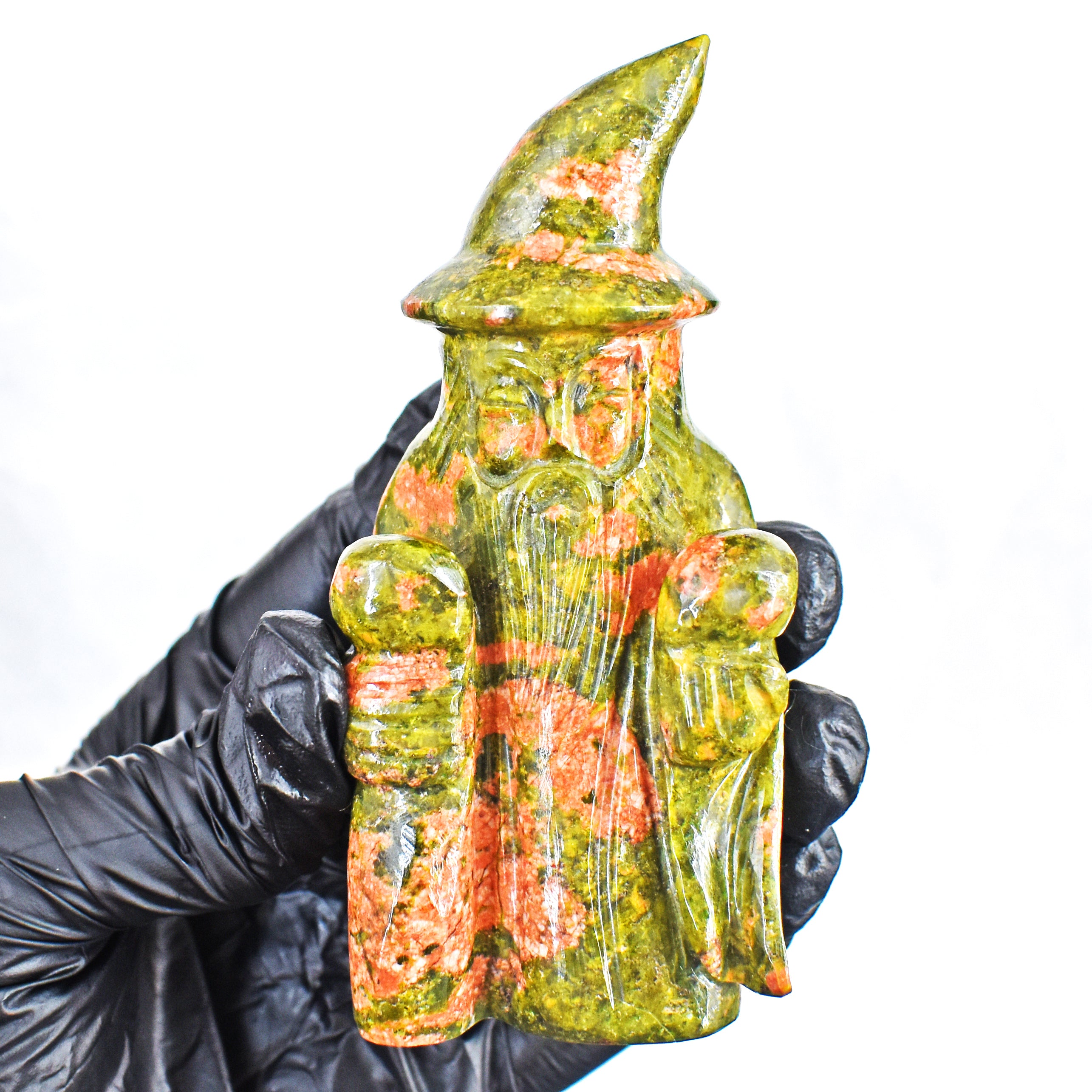 Beautiful 918.00 Cts Genuine Blood Green Unakite Hand Carved Gemstone Crystal Wizard Carving