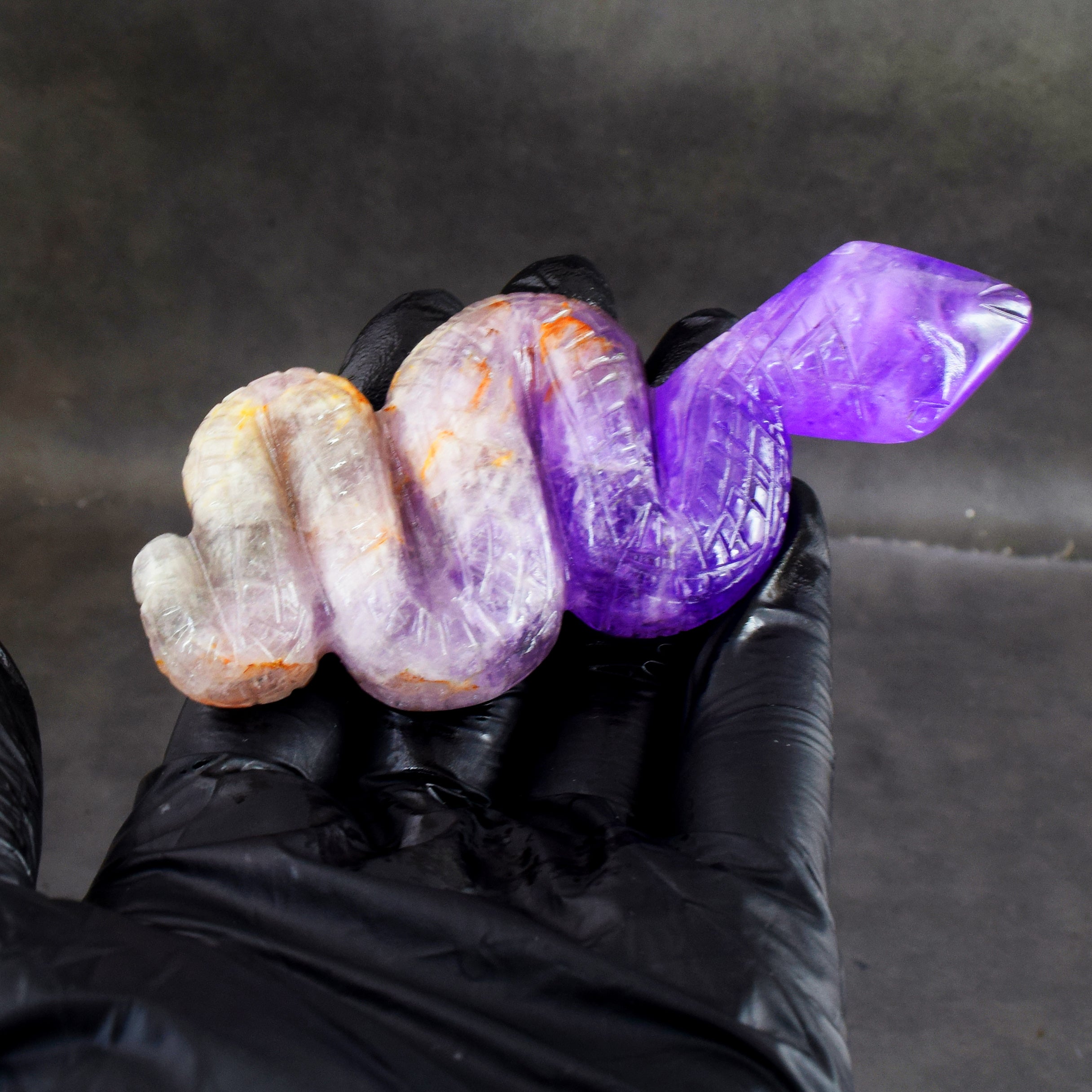 Artisian 375.00 Carats Genuine Chevron Amethyst  Hand Carved Crystal Gemstone Carving Snake