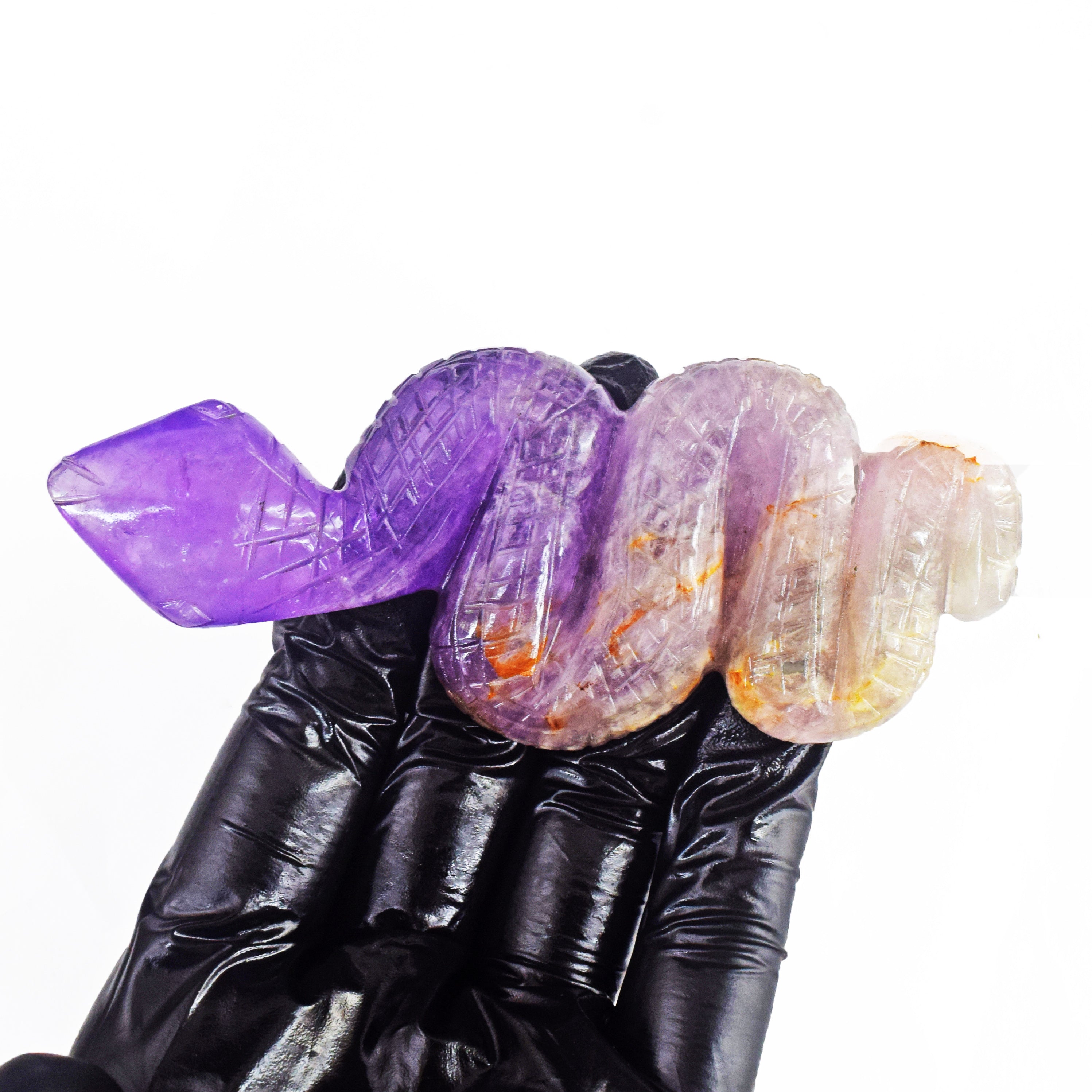 Artisian 375.00 Carats Genuine Chevron Amethyst  Hand Carved Crystal Gemstone Carving Snake