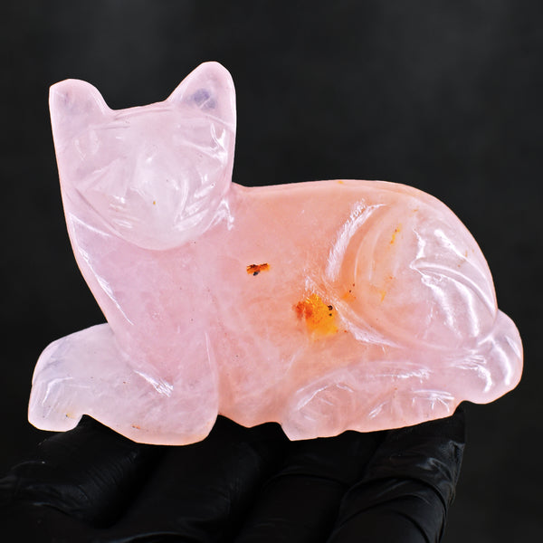 Natural 833.00 Cts Genuine Pink Rose Quartz Hand Carved Rose Cat Carving  2026 Collection