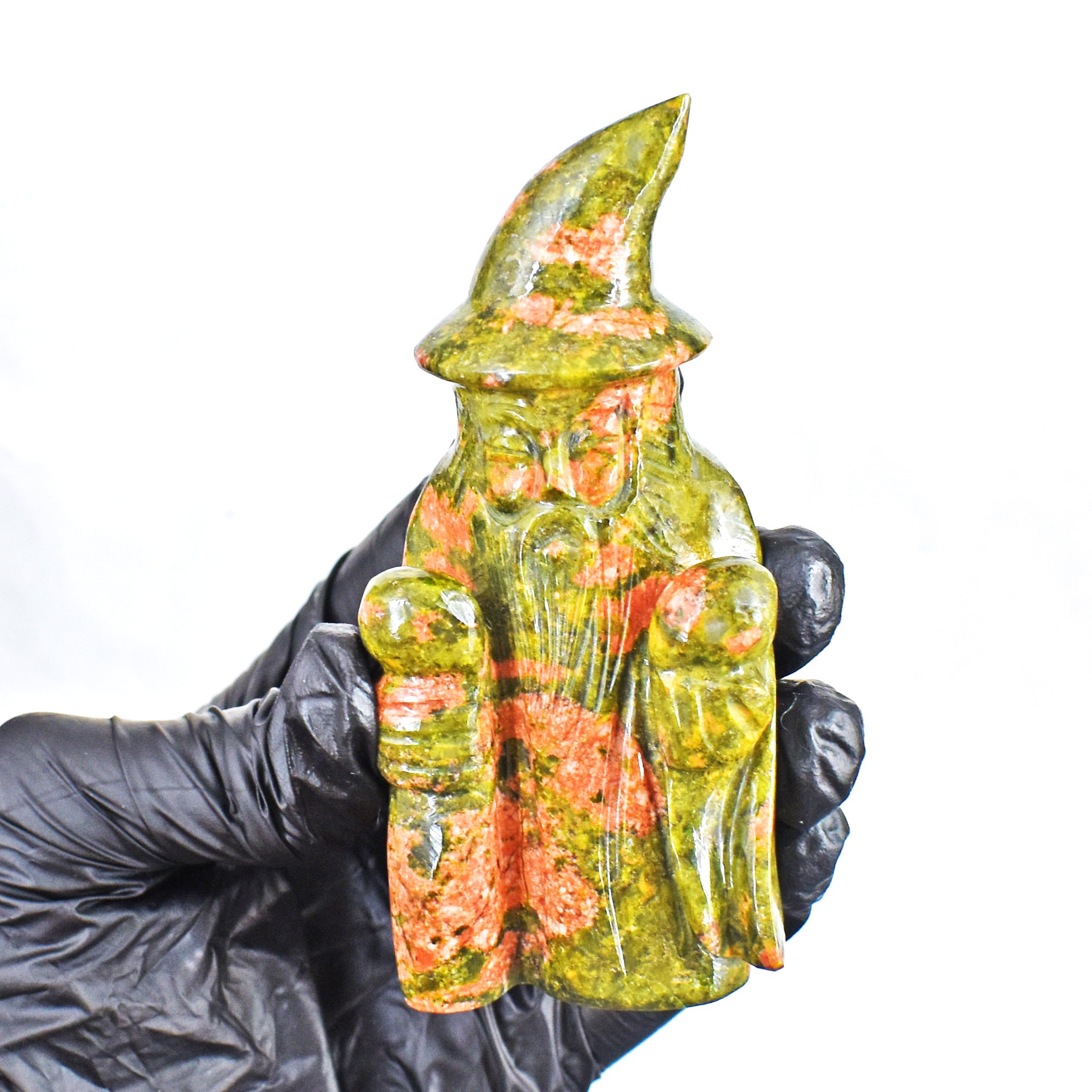 Beautiful 918.00 Cts Genuine Blood Green Unakite Hand Carved Gemstone Crystal Wizard Carving