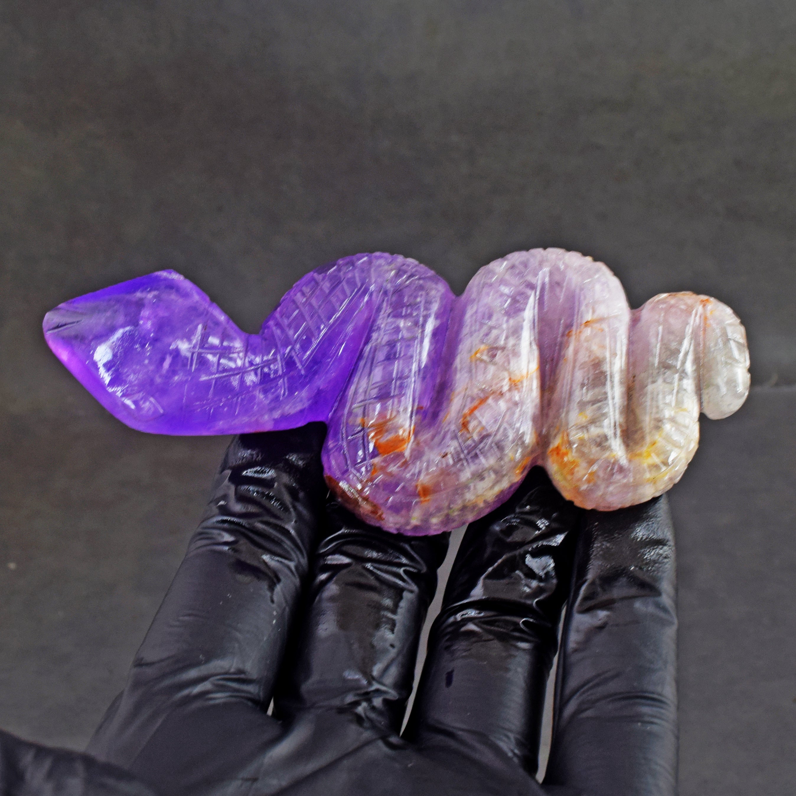 Artisian 375.00 Carats Genuine Chevron Amethyst  Hand Carved Crystal Gemstone Carving Snake