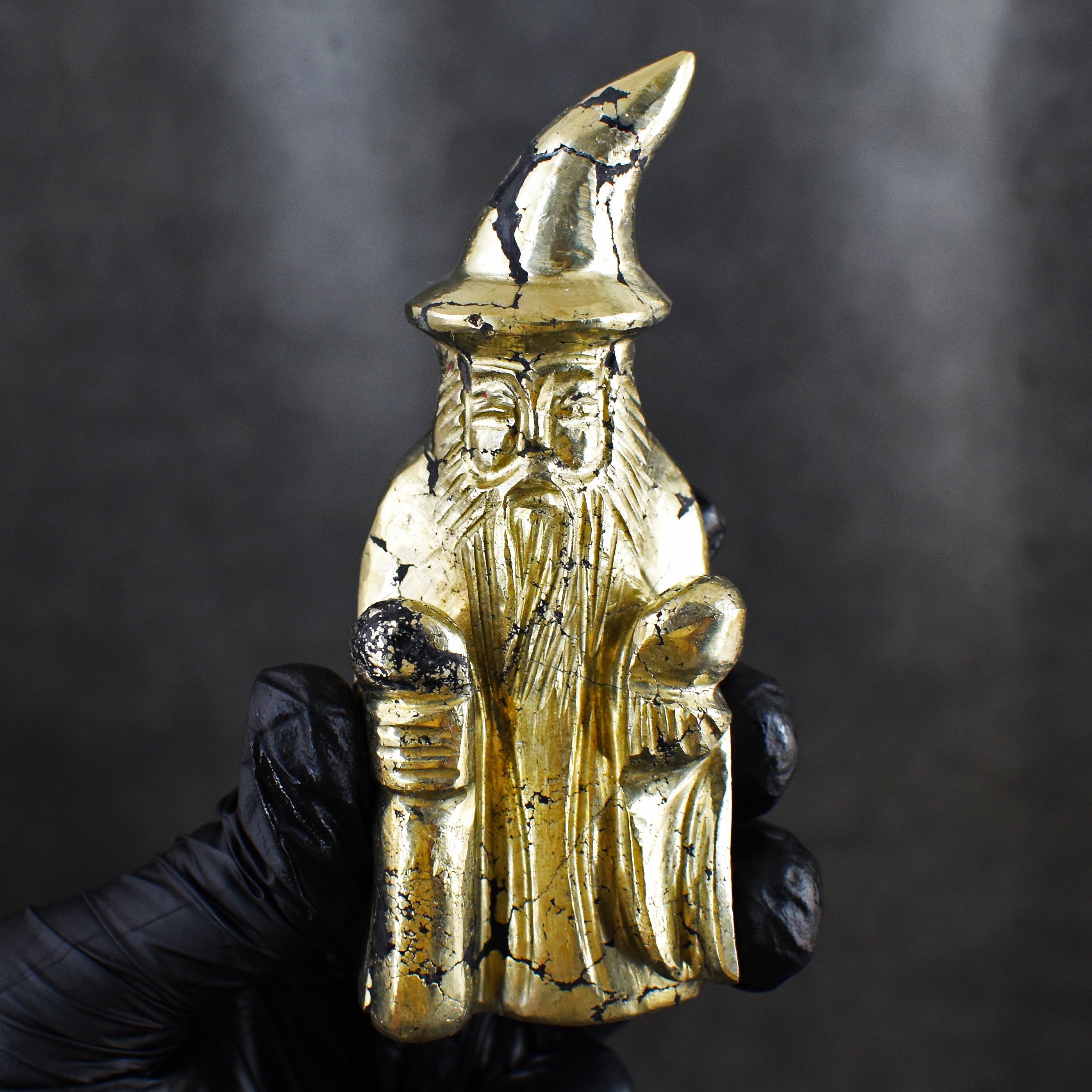Exclusive 1288.00 Carats Genuine Pyrite Hand Carved Crystal Gemstone Wizard Carving