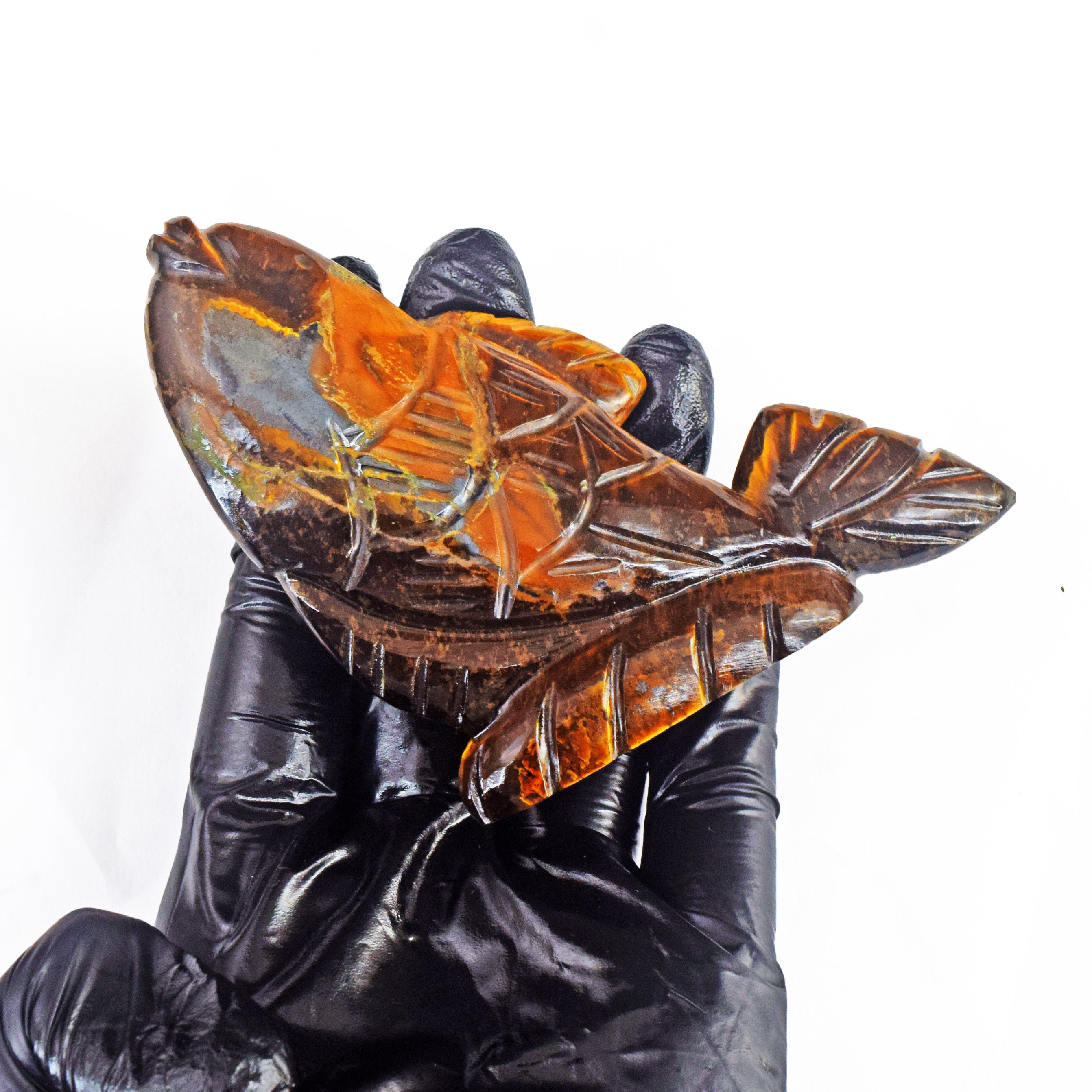 Genuine 605.00 Cts Tiger Eye  Hand Carved Genuine Crystal Gemstone Carving Fish