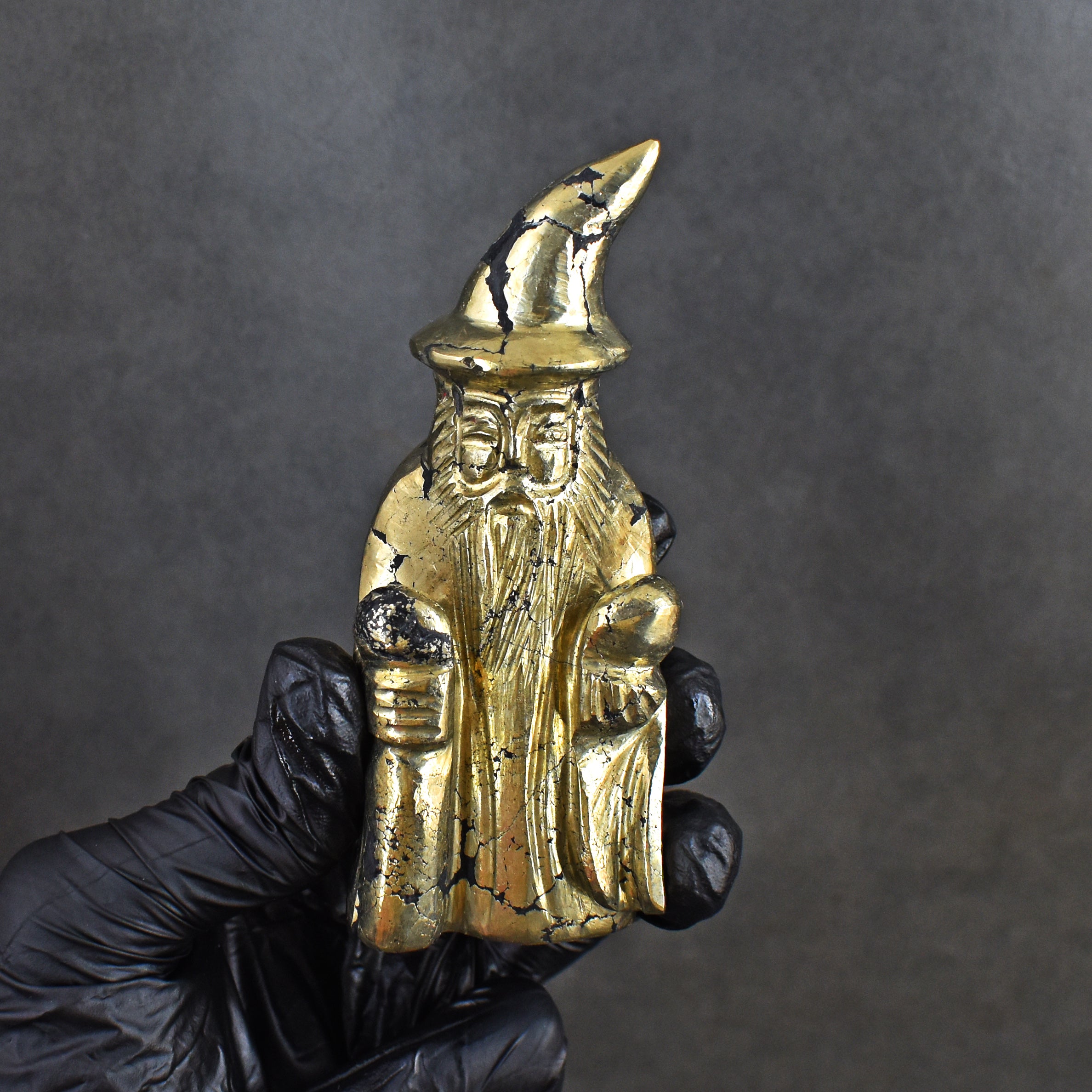Exclusive 1288.00 Carats Genuine Pyrite Hand Carved Crystal Gemstone Wizard Carving