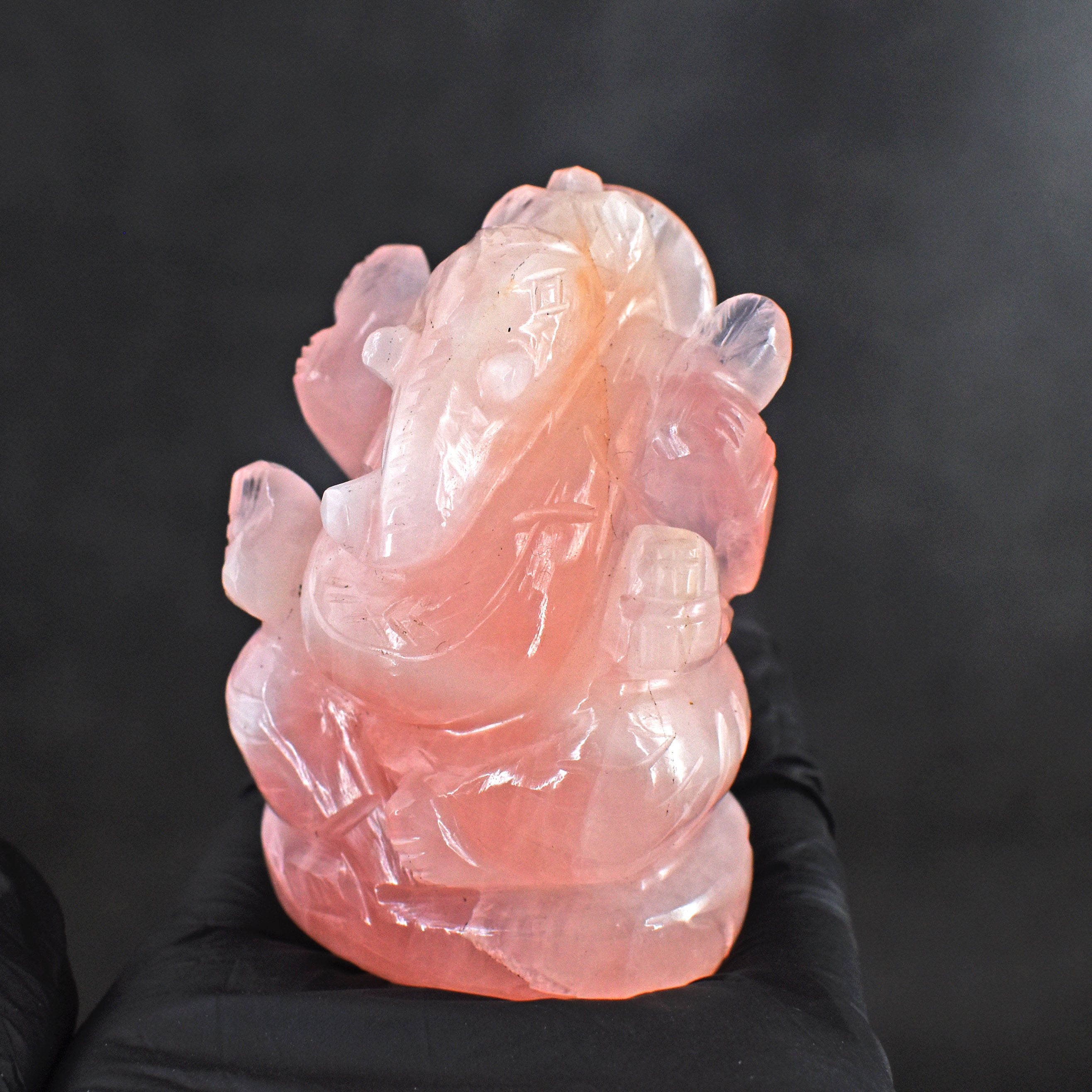 Stunning 808.00 Rose Quartz Hand Divine Carved Genuine Crystal Gemstone Carving Lord Ganesh